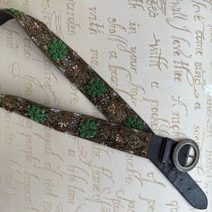 Brown Leather Belt with Green, Copper, and Lavendar beading Size M